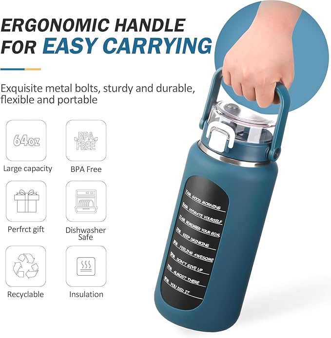 BLUEGO 64oz Insulated Water Bottle with Straw and Handle Leakproof Half Gallon Wide Mouth Motivational Water Bottle, 2-IN-1 Straw Spout Lid Stainless Steel Water Jug for Sport Travel Gym-Dark Blue
