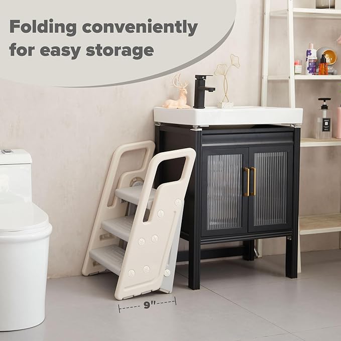 Folding Toddler Step Stool for Bathroom Sink,Adjustable 3 to 2 Step Stools for Toilet Potty Training,Sturdy Kids Step Stool for Kitchen Counter with Handle,Dark Grey