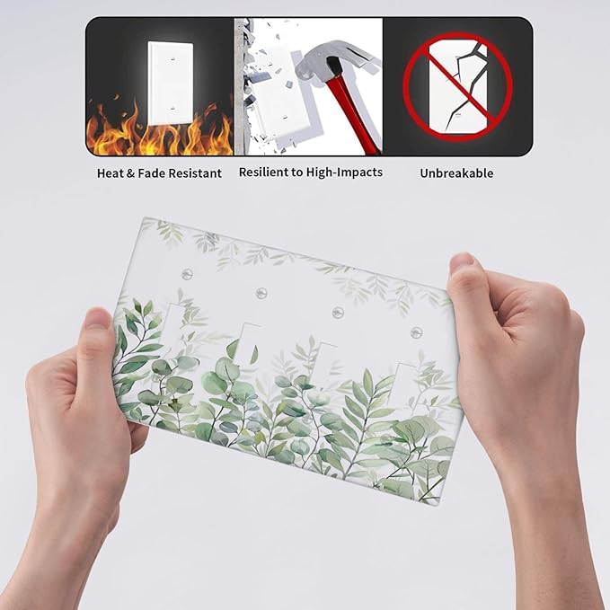 Green Eucalyptus Rustic Botanical Plant Leaves Quad Toggle Boho Light Switch Covers Decorative 4 Gang Wall Plate Electrical Faceplate Switchplate for Country Bedroom Bathroom Decor