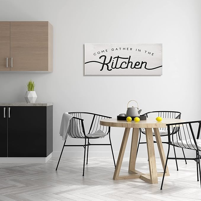 Stupell Industries Come Gather in The Kitchen Sign Family Charm, Designed by Daphne Polselli Canvas Wall Art, 17 x 40, Off- White