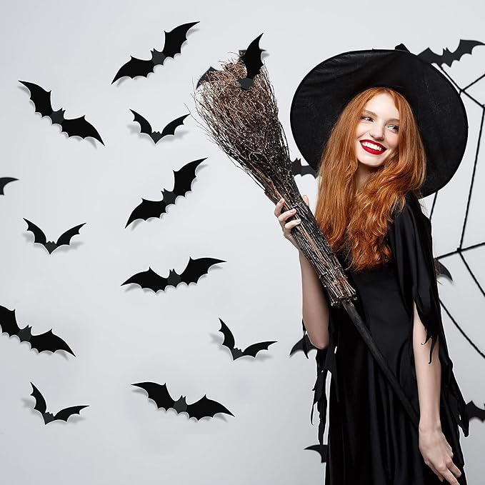 Halloween Wall Stickers 60 Pcs Bat Wall Decals Removable Bats Wall Decor Halloween Bat Window Stickers for Wall Glass Mirror Living Room Home Bathroom Kitchen School Halloween Decoration Clearance