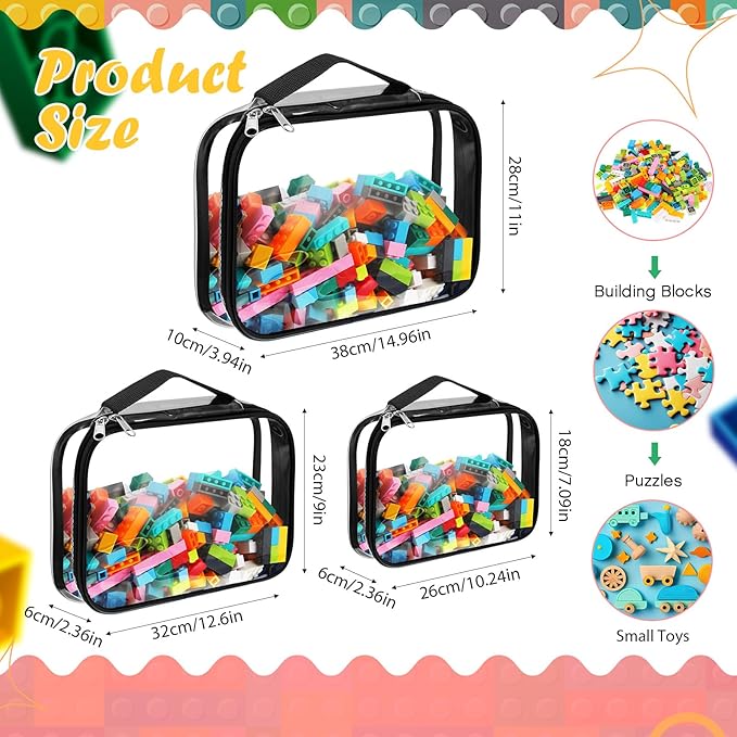 Sanwuta 3 Packs Toy Storage Bags with Zipper, Clear PVC Organizing Bags, Waterproof Toy Bags for Board Games, Building Blocks, Toys and Kids Books (Black,3 Sizes)