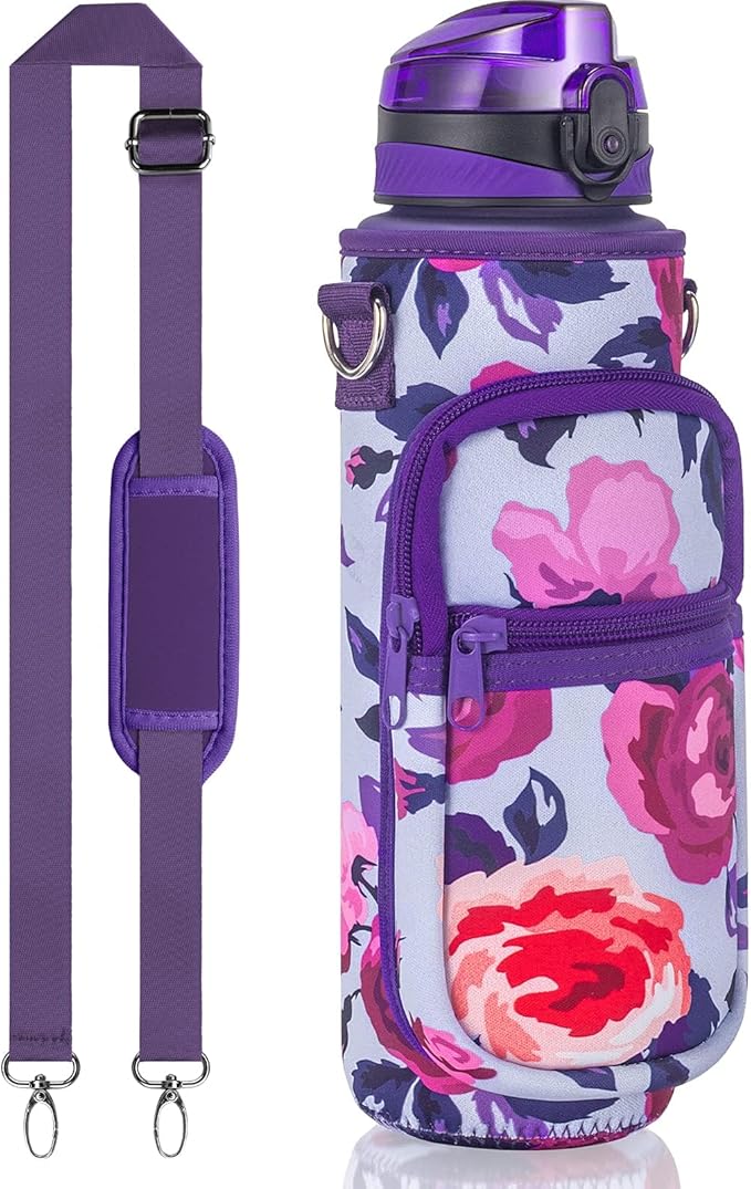 Fimibuke 32 oz Water Bottle with Sleeve - BPA Free Leakproof Sport Large 1L Plastic Motivational Water Bottle with Straw Strap & Insulated Neoprene Holder Carrier Bag Great Xmas Gift for Women Men