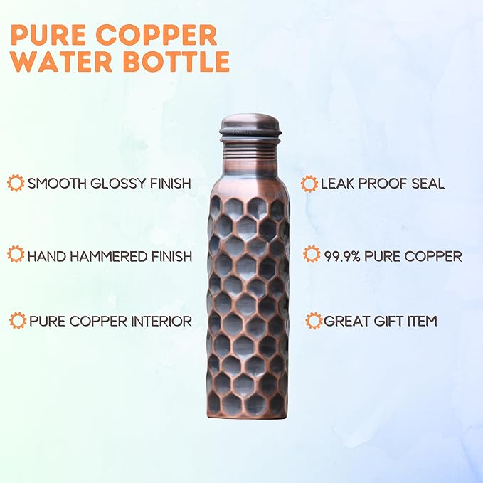 Copper Water Bottle 34oz, Hammered Antique Copper Bottle with Lid Leakproof, Ayurvedic Copper Vessel to Drink More Water for Yoga Gym Sports Travel Daily Use