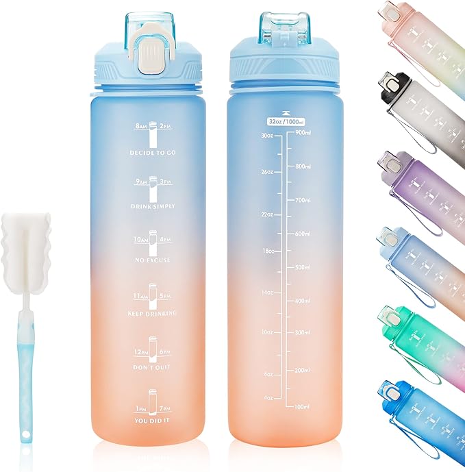Motivational Water Bottle with Time Marker- 32oz Water Bottles with Times to Drink, Leakproof & BPA Free Sports Water Bottle with Straw & Carry Strap for Fitness, Gym, and Outdoor Sports