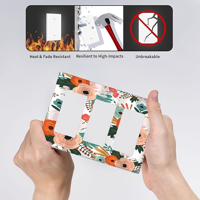 Rustic Floral Boho Colorful Flower 3 Gang Rocker Light Switch Covers Triple Outlet Wall Plate Decorative Switchplate Cover Faceplate GFCI for Farmhouse Bathroom Bedroom Kitchen Decor