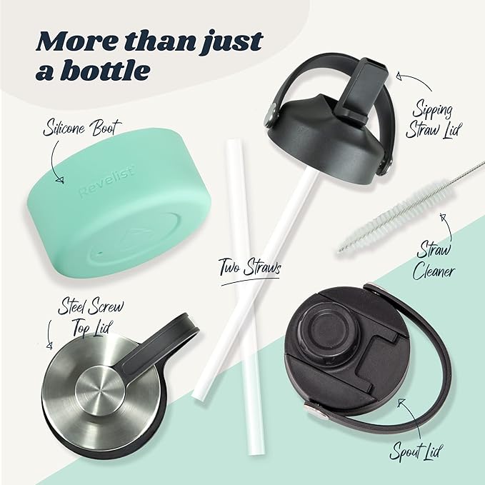 Revelist Sports Water Bottle - 32 Oz, 3 Lids (Straw Lid, Spout & Screw Top) with Boot, Vacuum Insulated Stainless Steel, Double Walled, Reusable Water Flask, Metal Canteen - Cool Mint Green