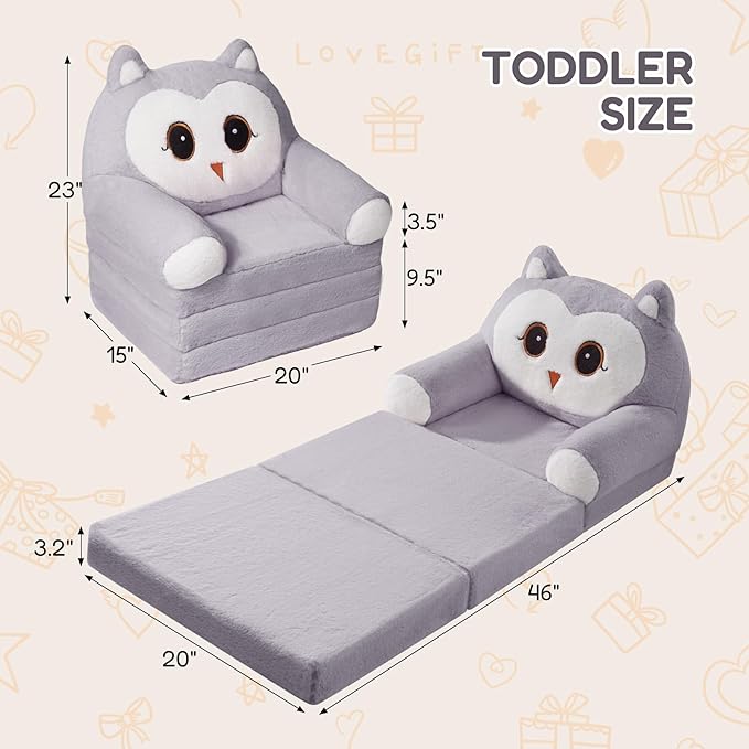 Kids Sofa Chair for Toddler, 2-in-1 Folding Soft Baby Couch with Removable Cover, Comfy Plush Children's Recliner, Convertible Floor Sofa Bed to Lounger for Girls Boys Age 1-3,Owls Grey