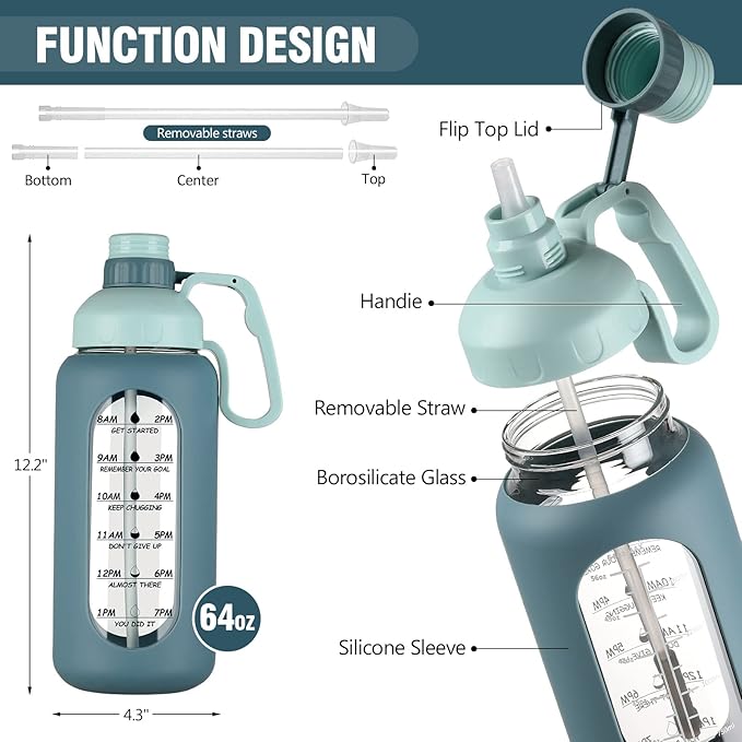 MUKOKO 64oz Glass Water Bottles with Straw, Half Gallon Water Bottle with Time Marker, Motivational Water Bottle with Silicone Sleeves,Large Glass Water Bottle for Gym,Working,Outdoor,Blue