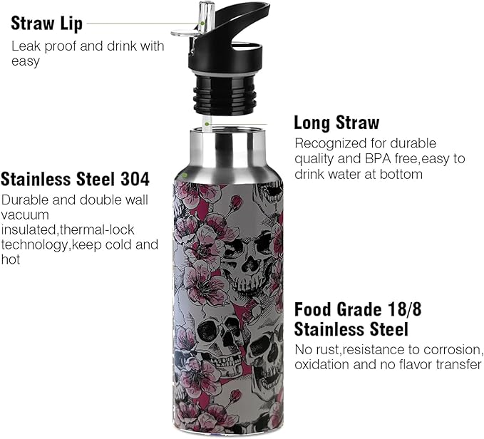 Floral Skull Sport Water Bottle with Straw, Vacuum Insulated Stainless Steel Thermal Drinking Travel Mug Cups For Gym Fitness Camping-17oz/500ml, Pink