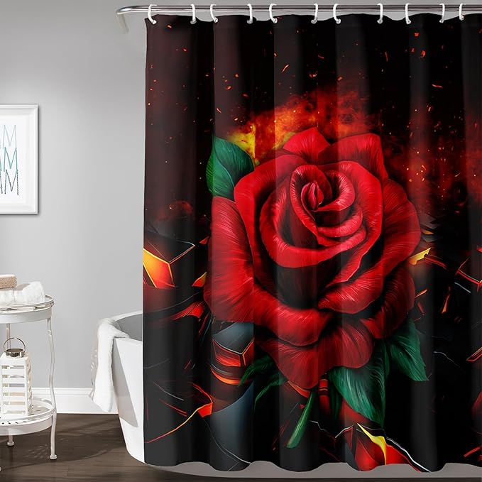 AILONEN Red Rose Shower Curtain for Bathroom, 3D Print Romantic Flower Bath Curtain,Modern Botanical Flame Fire Rose Flower Waterproof Shower Curtain Decoration with 12 Plastic Hooks, 72" W*84" H