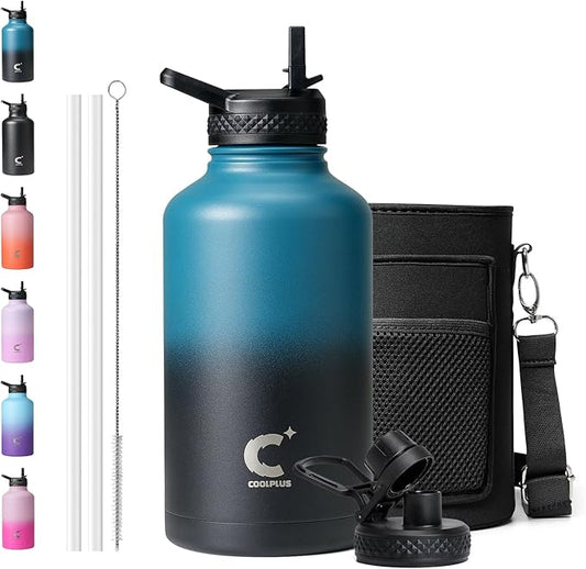 Coolplus 64 oz Water Bottle With Straw Spout Lid, Insulated Half Gallon Water Jug Stainless Steel Double-Walled Vacuum Metal Large Flask With Carry Sleeve, Keep Cold 48 Hrs Hot 24hrs, Blue Black