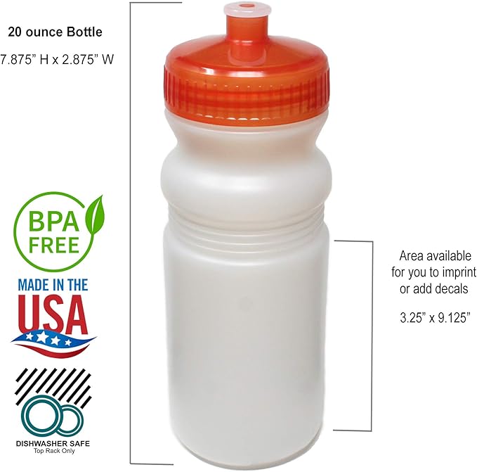 Rolling Sands 20 Ounce Sports Water Bottles 6 Pack, BPA-Free, Made In USA, Dishwasher Safe, Clear Frost Bottles/Orange