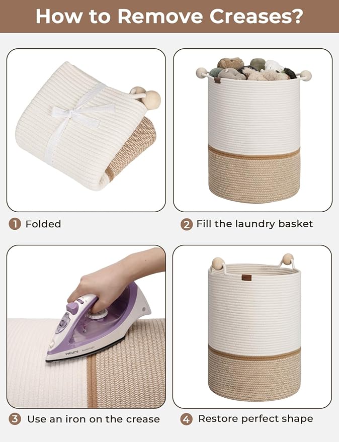 StorageWorks 58L Cotton Rope Laundry Basket with Wooden Beads Handles, Woven Basket for Storage, Dirty Clothes, Kids Toys, Towels, White & Khaki