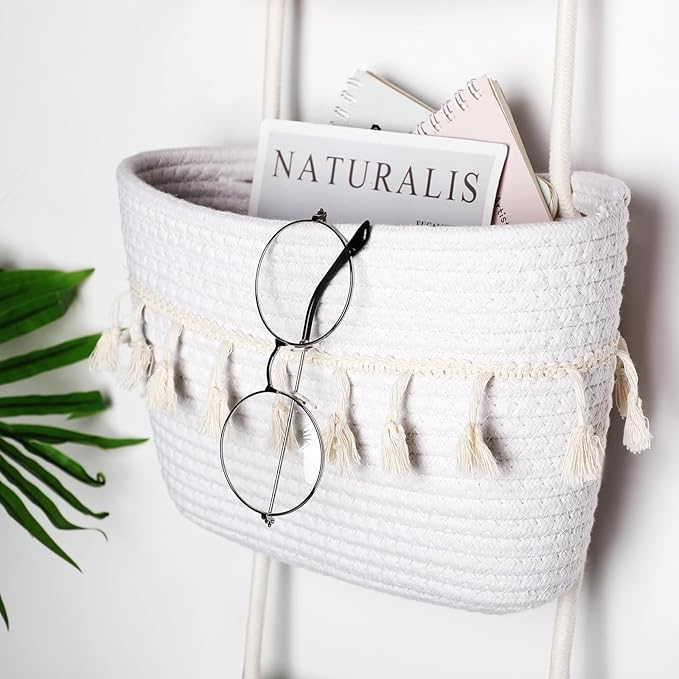 Over the Door Hanging Basket Boho Woven Wall Hanging Baskets 3-Tier Cotton Wall Mounted Storage Organizer Bag Macrame Decorative Hanging Baskets for Kitchen Laundry Room Stairs(White)