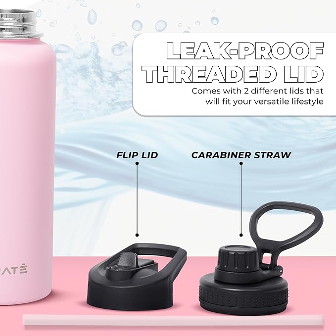 HYDRATE Insulated Stainless Steel Water Bottle - Large Reusable Flask with Leak-Proof Design and Convenient Handle - Double Vacuum Insulation for School, Work, or Adventure