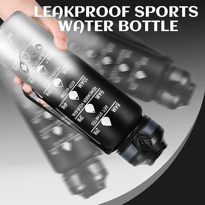 Water Bottle 32 oz, Motivational Sports Water Bottles Tritan BPA Free Water Bottle No Straw With Time Marker, Wide Mouth Leakproof Water Bottle with Strap for Gym Fitness Hiking Bike Camping - Black