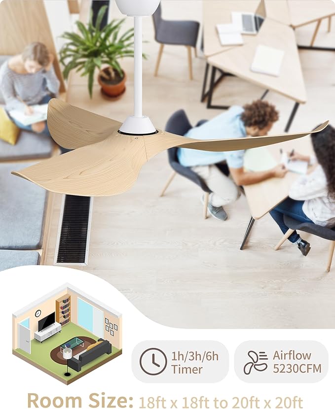 CACI Mall Ceiling Fans Without Lights - 52 Inch Flush Mount Ceiling Fan with 6 Speeds 3 Timer Remote, Quiet Reversible DC Motor and 5"/10"/25" Replacement Downrods (Light Wood Blades)