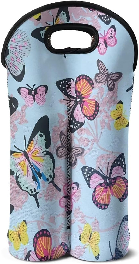 doginthehole 2 Bottle Wine Carrying Bag Butterfly Print Wine Carrier Tote Bag for Travel Wine Bottle Holder with Handle Reusable Champagne Bottle Protective Sleeve Pouch for Travel Picnic