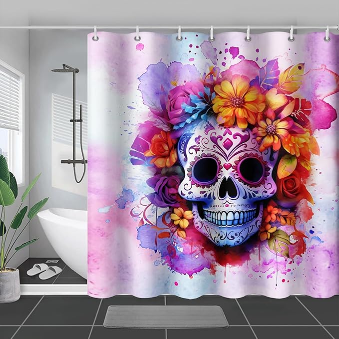AILONEN Sugar Skull Shower Curtain for Bathroom,Pink Purple Graffiti Flower Art Bathroom Curtain for Kids Girls Teen,Bath Curtain 36" W*72" H Polyester Waterproof Bathroom Curtain with 12 Hooks