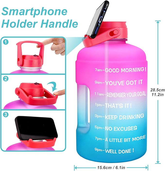 QuiFit 1 Gallon Water Bottle - with Straw & Motivational Time Marker Leak-Proof BPA Free Reusable Gym Sports Outdoor Large(128OZ) Capacity Water Jug(Pink/Blue Gradient,1 Gallon)