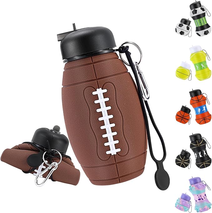 Kids Sports Collapsible Water Bottle | Ball Shaped Drinking Cup | Foldable BPA Free Leakproof Lightweight Silicon Jug | School Lunch Mug Team Gift Travel (American Football 600ml/20.3oz)