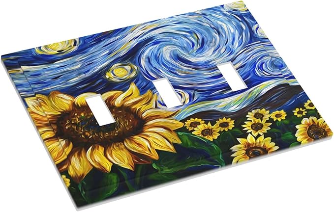 Vintage Abstract Blue Starry Sunflower 3 Gang Light Switch Covers Triple Toggle Wall Plate Decorative Switchplate Electrical Faceplate for Farmhouse Country Bedroom Decor
