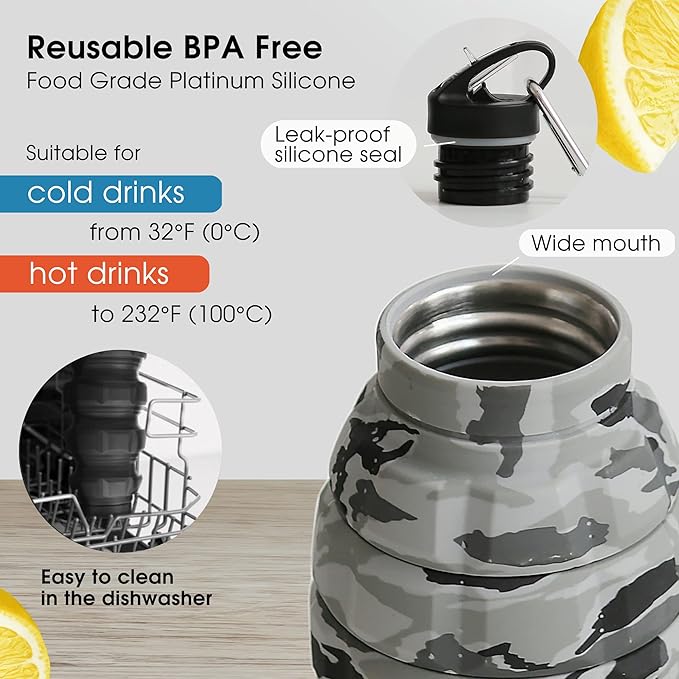 Collapsible Water Bottle 19.6oz - Gift Box, Carabiner, Leak Proof Lid - Collapsible Water Bottles for Traveling - Gifts for Husband & Veterans Day Gift - Reusable & Foldable Gift for Travelers (Gray)
