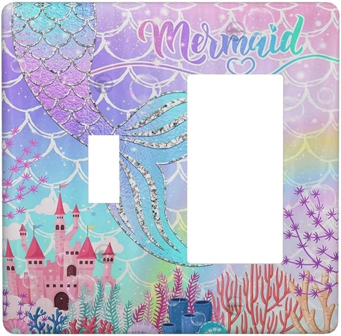Silvery Glitter Cute Mermaid Tail Fantasy Castle 2 Gang Single Toggle Rocker Combination Light Switch Covers Wall Plate Cover Electrical Faceplate Decorative Switchplate for Kidroom Nursery Bedroom
