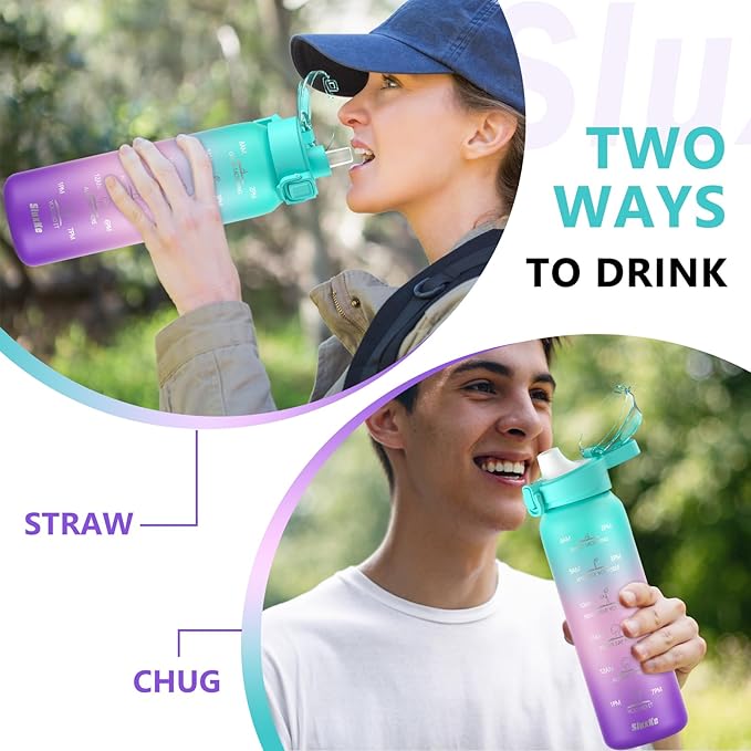 Sports Water Bottle 18/10 Stainless Steel 32oz with 2Lids, 1000ml Insulated Water Bottle Double Walled with Handle, Metal Canteen Keep Cold 48H Hot 24H for Men, Women & Kids