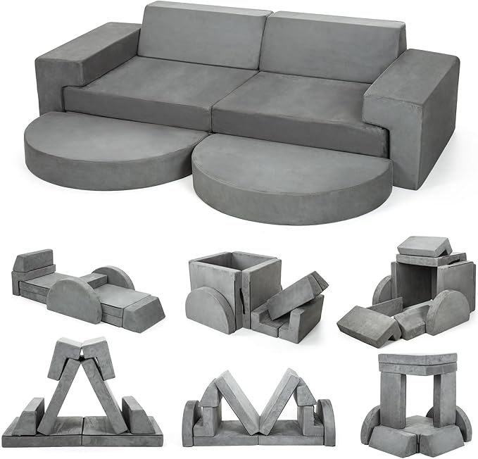 MMBABY 10 pcs Modular Kids Play Couch, Child Sectional Sofa, Fortplay Bedroom and Playroom Furniture for Toddlers, Convertible Foam and Floor Cushion for Boys and Girls