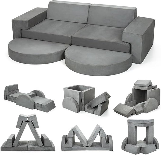 MMBABY 10 pcs Modular Kids Play Couch, Child Sectional Sofa, Fortplay Bedroom and Playroom Furniture for Toddlers, Convertible Foam and Floor Cushion for Boys and Girls