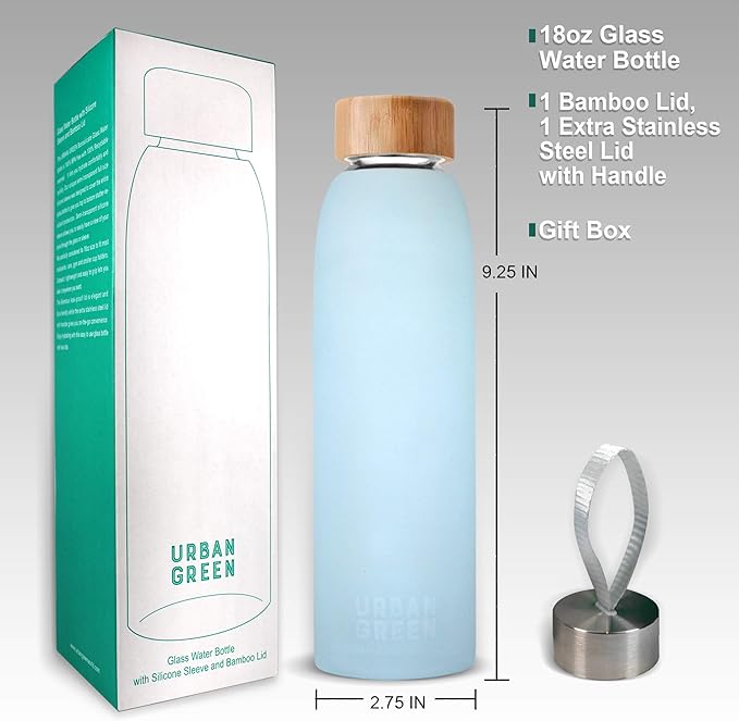 Urban Green Glass Water Bottle with Protective Silicone Sleeve and Bamboo Lid, 18oz, 1extra 304 Stainless Steel Lid with Handle, BPA Free, Dishwasher Safe, Gift Box, Mother's Day Gift