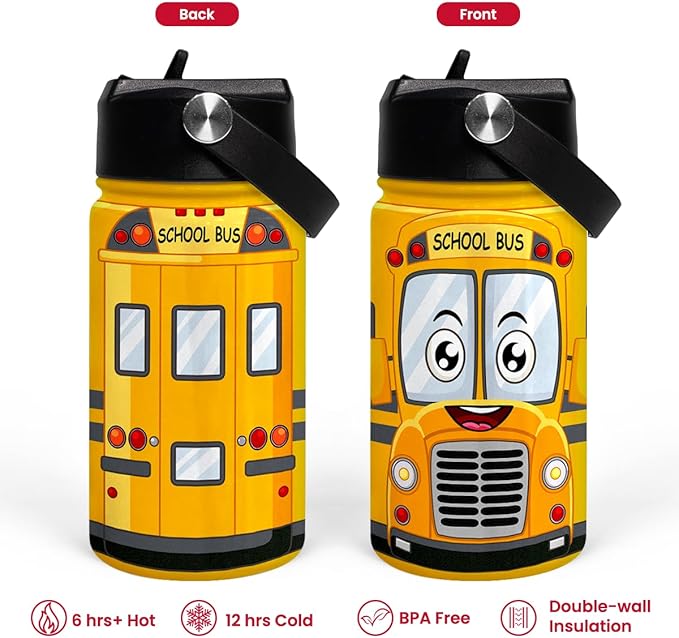 School Bus Water Bottle - Kids Water Bottle with Straw Lid - 12 Oz Insulated Stainless Steel Water Bottles for Toddlers Kid Boys - Travel Cup for School Sports