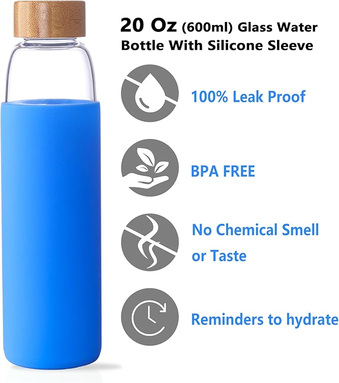 Laster Glass Water Bottle 20 Oz, 600 ml, made of Borosilicate Glass, 1 Bamboo & 1 Stainless Steel Lid, BPA Free, Non-Slip Silicone Sleeve (Ocean Blue)