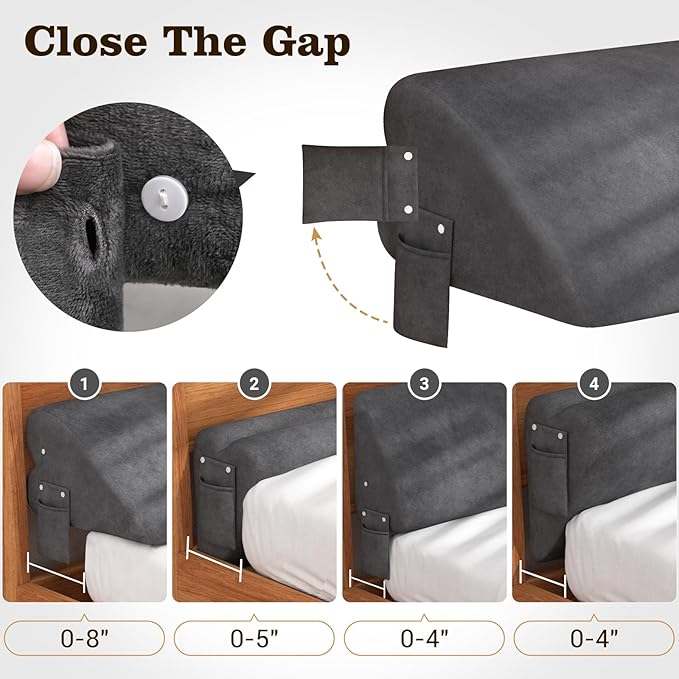 Heart-Shaped Bed Wedge Pillow for Headboard Gap with Adjustable Pocket, Grey Bed Gap Filler (0-8"), Headboard Bed Pillow Wedge, Mattress Gap Filler Queen(76"x10"x5")