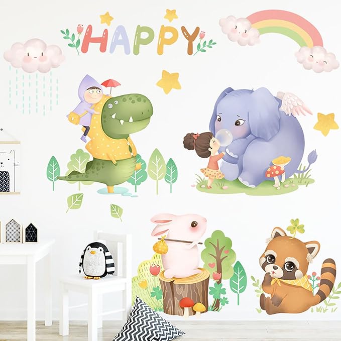 Jungle Cute Animals Wall Stickers Crocodile Elephant Rabbit Civet Cat Wall Decals for Baby Nursery Kids Room Living Room Home Decor