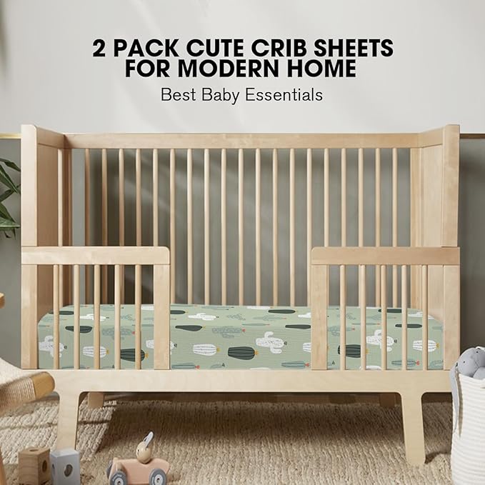 Muslin Crib Sheets, 2pk Neutral Fitted Baby Toddler Bed Sheets for Standard Crib Mattress & Toddler Bed Mattress, 28 x 52 inches, Blossom Cactus