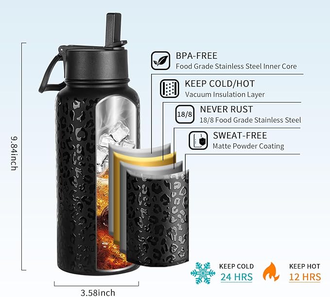 40 oz Insulated Water Bottle with Paracord Handles & Strap, 2 Lids(Straw Lid&Spout Lid), Stainless Steel Reusable Wide Mouth Metal Water Bottle With Straw (Dark Night)