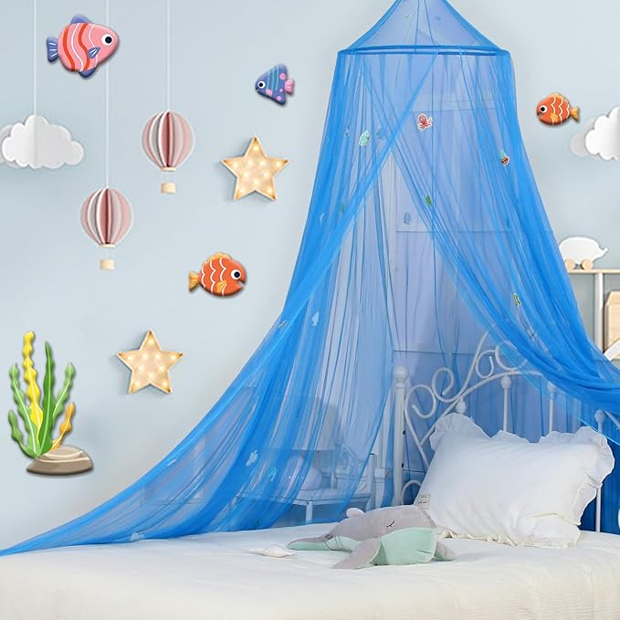 South to East Bed Canopy for Children with Glowing Marine Life, Blue Bed Curtains for Kids Bed & Toddler Bed, Twin, Full & Queen Bed, Mosquito Net Canopy for Boys Bedroom