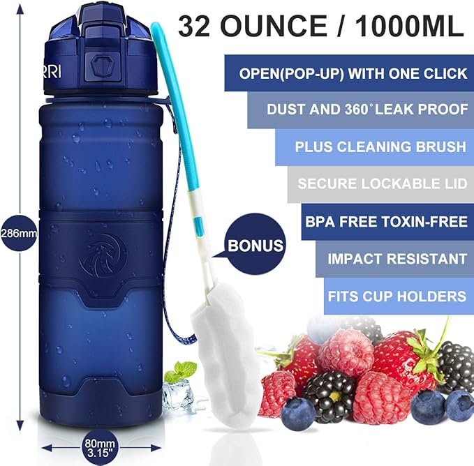 ZORRI 14/17/ 24/32 OZ Water Bottles, BPA Free Tritan Lightweight Leak Proof Sport Bottle with Brush, Lock Feature, Track Marker, and Flip Lid for Kids School, Fitness, Office, Sports & Outdoors