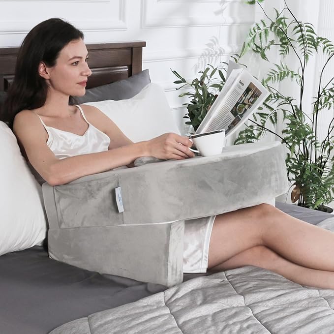 Weighted Idea Reading Pillow for Gaming, Extra Large Arm Rest Pillow for Adult，Lap Desk Pillow Gaming Pillow with 2 Side Pockets for Gaming, Reading, Working Sitting in Bed Floor Sofa (Grey)