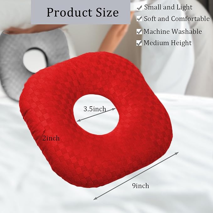 Ear Piercing Pillow for Side Sleepers, Pillow with an Ear Hole for CNH and Ear Pain Ear Inflammation Pressure Sores, O-Shaped Side Sleeping Pillow, Ear Guard Pillow (True Red)