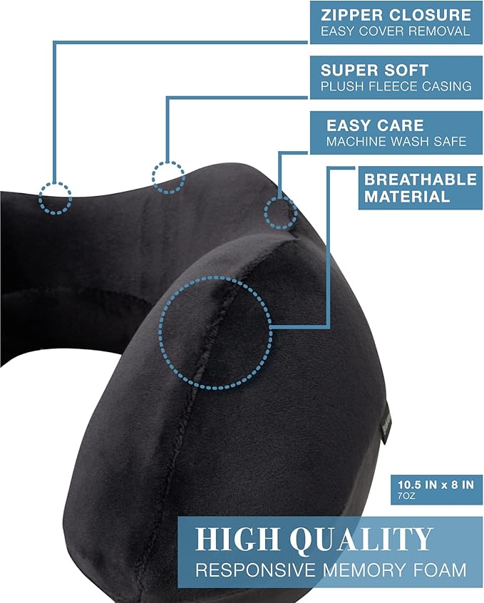 Brookstone Contoured Memory Foam Head and Neck Travel Pillow Ergonomic and Lightweight, Black
