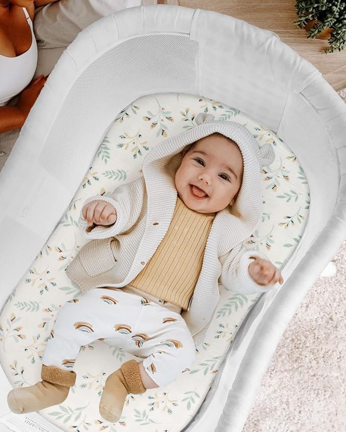 Blissful Diary Muslin Bassinet Sheets for Baby Girls Boys, Boho Soft Cotton Fitted for Oval Hourglass Rectangle Mattress, 2 Pack(Roman Green&Leaf)