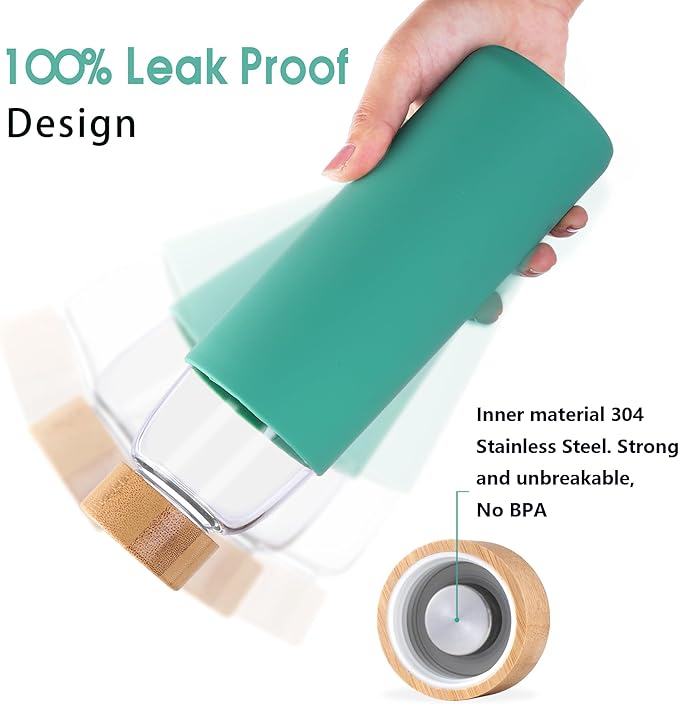Laster Glass Water Bottle 20 Oz, 600 ml, made of Borosilicate Glass, 1 Bamboo & 1 Stainless Steel Lid, BPA Free, Non-Slip Silicone Sleeve (Leafy Green)