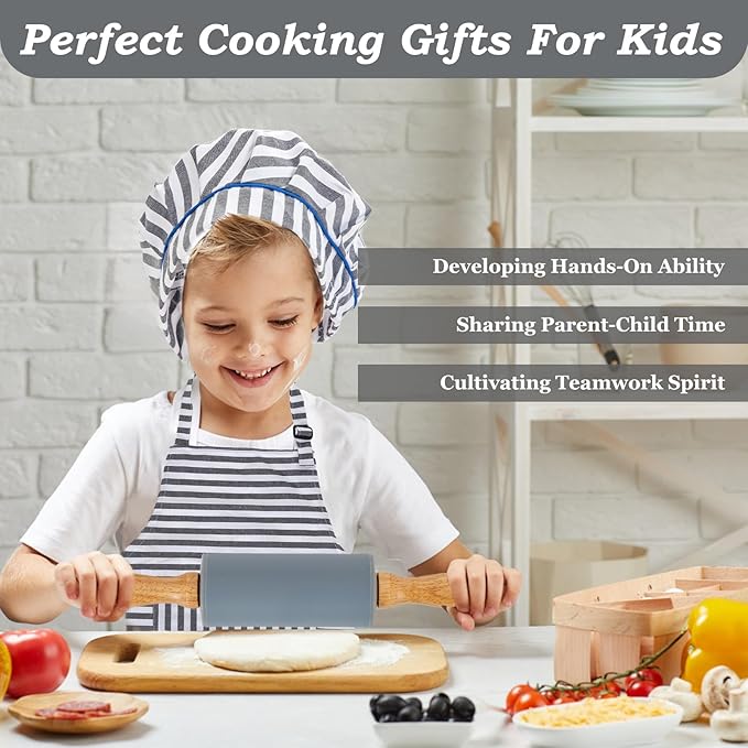 Kids Cooking & Baking Set, 16 Pcs Grey Real Kids Kitchen Utensils Set with Storage Case, Toddler Cooking Set, Toddler Chef Set for Junior Chef with Kids Apron & Hat, Kids Baking Sets for Boys & Girls