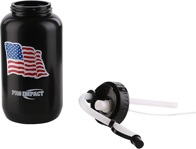 Pro Impact Boxing Water Bottle - Squeezable Plastic w/Long Straw & Spray Cap - Ideal for Gym Yoga Sports Boxing Lacrosse Football Hockey Cycling & Outdoors (35.5 Oz.) (Black Flag)