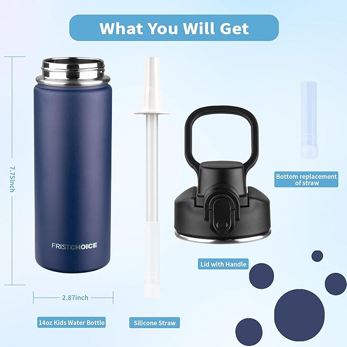 Insulated water bottle with Straw,18oz Stainless Steel Water Bottle for Adult Kids,Double Wall Vacuum Wide Mouth Insulated Water Bottle for School,BPA-free and Leak-proof（18oz,Navy blue）