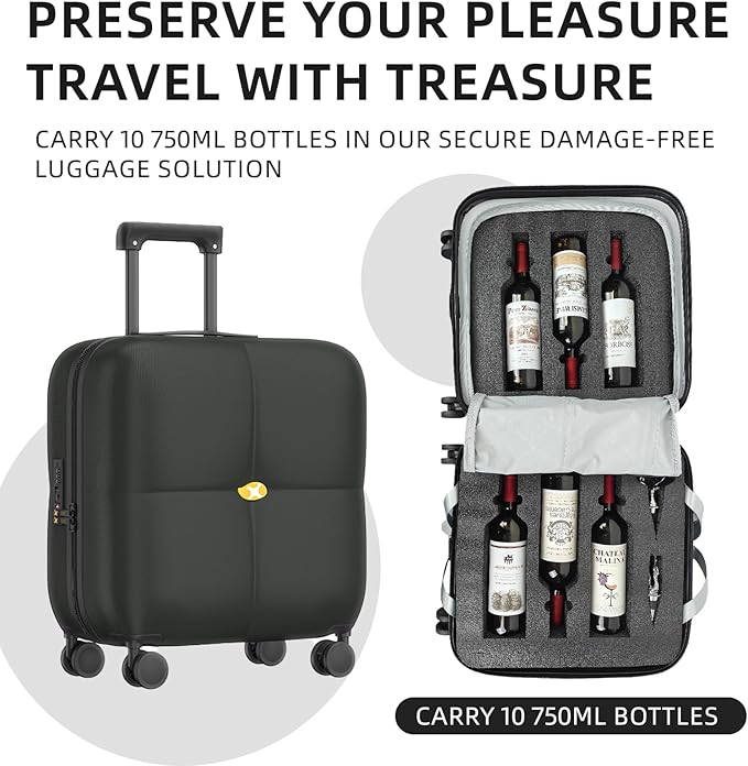 Wine Suitcase, 6 Bottle Wine Luggage, Durable Wine Travel Case, Fly With Wine Suitcase with TSA Lock, Versatile Wine Carrier with Removable Inserts and Silent Spinner Wheels（Black）